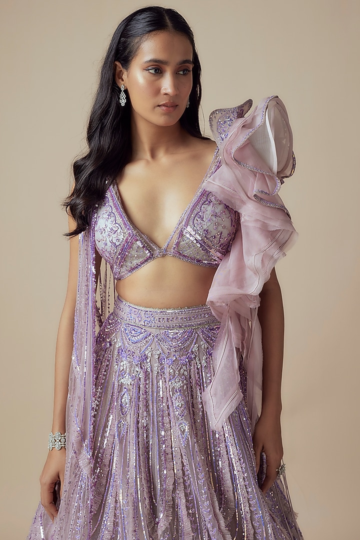 Lavender Net Embroidered Bridal Lehenga Set by Sulakshana Monga Couture at Pernia's Pop Up Shop