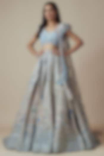 Blue Net 3D Floral Embellished Lehenga Set by Sulakshana Monga Couture