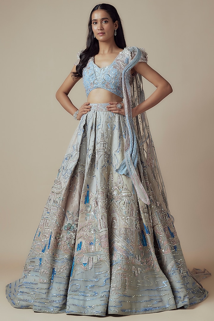 Blue Net 3D Floral Embellished Lehenga Set by Sulakshana Monga Couture