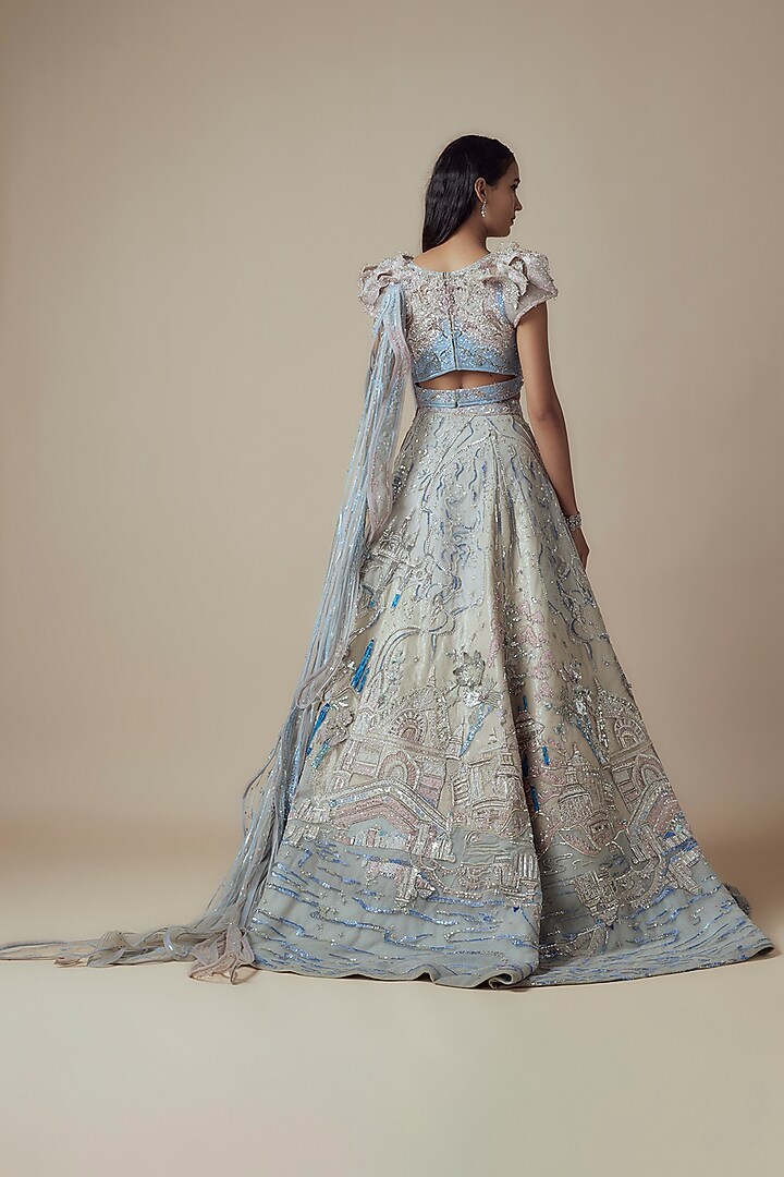 Blue Net 3D Floral Embellished Bridal Lehenga Set by Sulakshana Monga Couture at Pernia's Pop Up Shop
