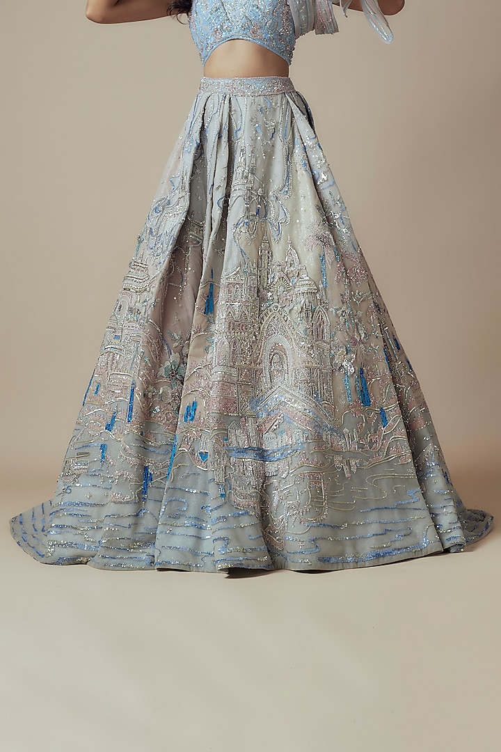 Blue Net 3D Floral Embellished Bridal Lehenga Set by Sulakshana Monga Couture at Pernia's Pop Up Shop
