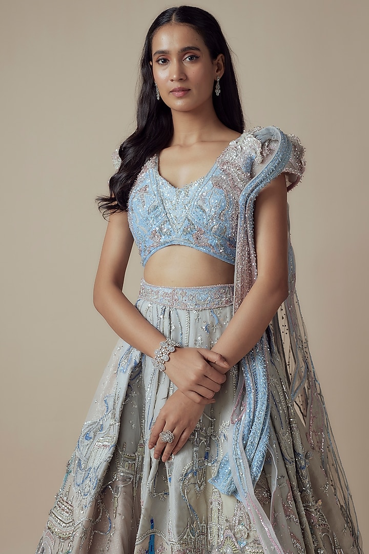 Blue Net 3D Floral Embellished Bridal Lehenga Set by Sulakshana Monga Couture at Pernia's Pop Up Shop