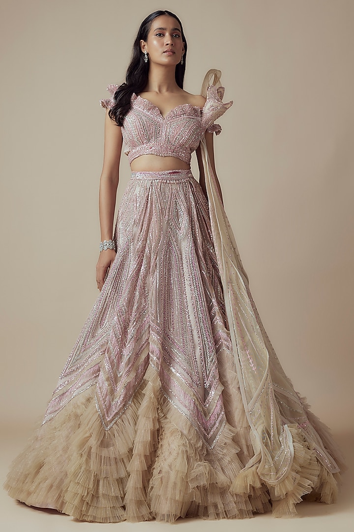 Pink Net 3D Sequin Embellished Bridal Lehenga Set by Sulakshana Monga Couture at Pernia's Pop Up Shop