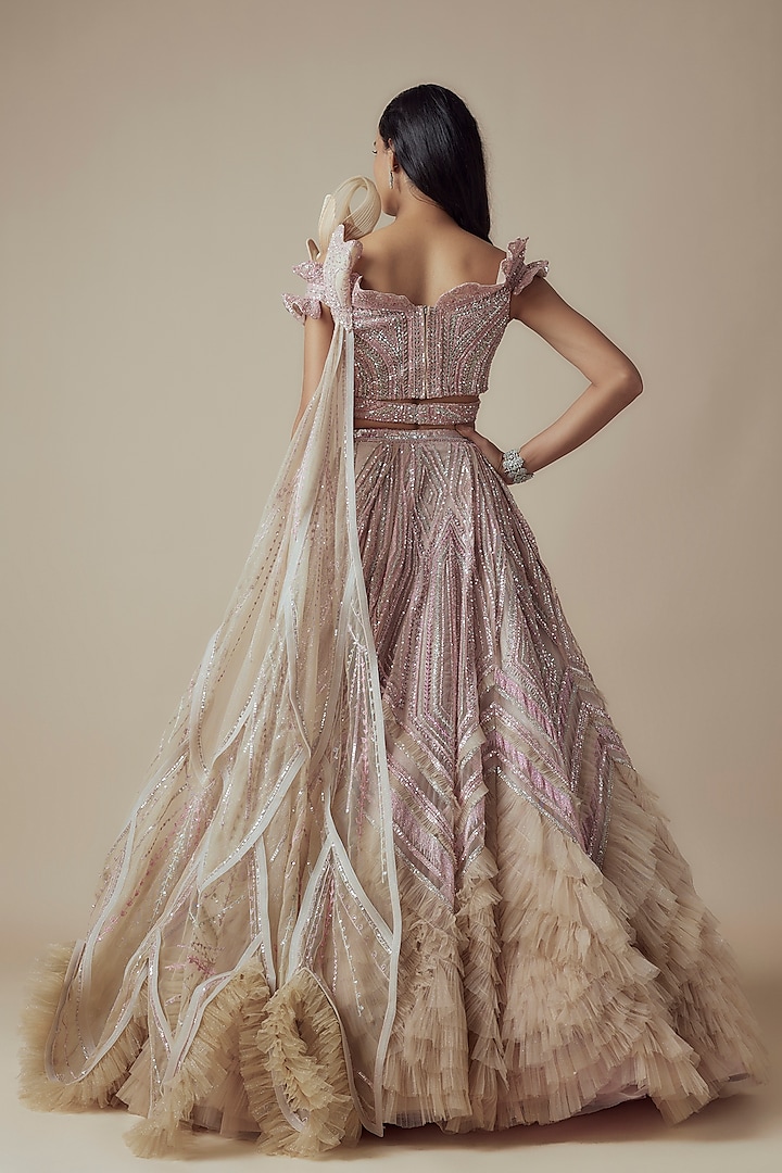 Pink Net 3D Sequin Embellished Bridal Lehenga Set by Sulakshana Monga Couture at Pernia's Pop Up Shop