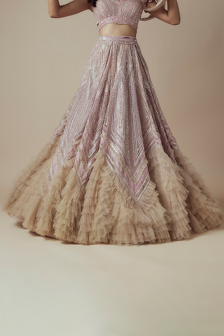 Pink Net 3D Sequin Embellished Bridal Lehenga Set by Sulakshana Monga Couture at Pernia's Pop Up Shop