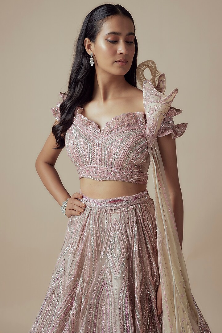 Pink Net 3D Sequin Embellished Bridal Lehenga Set by Sulakshana Monga Couture at Pernia's Pop Up Shop