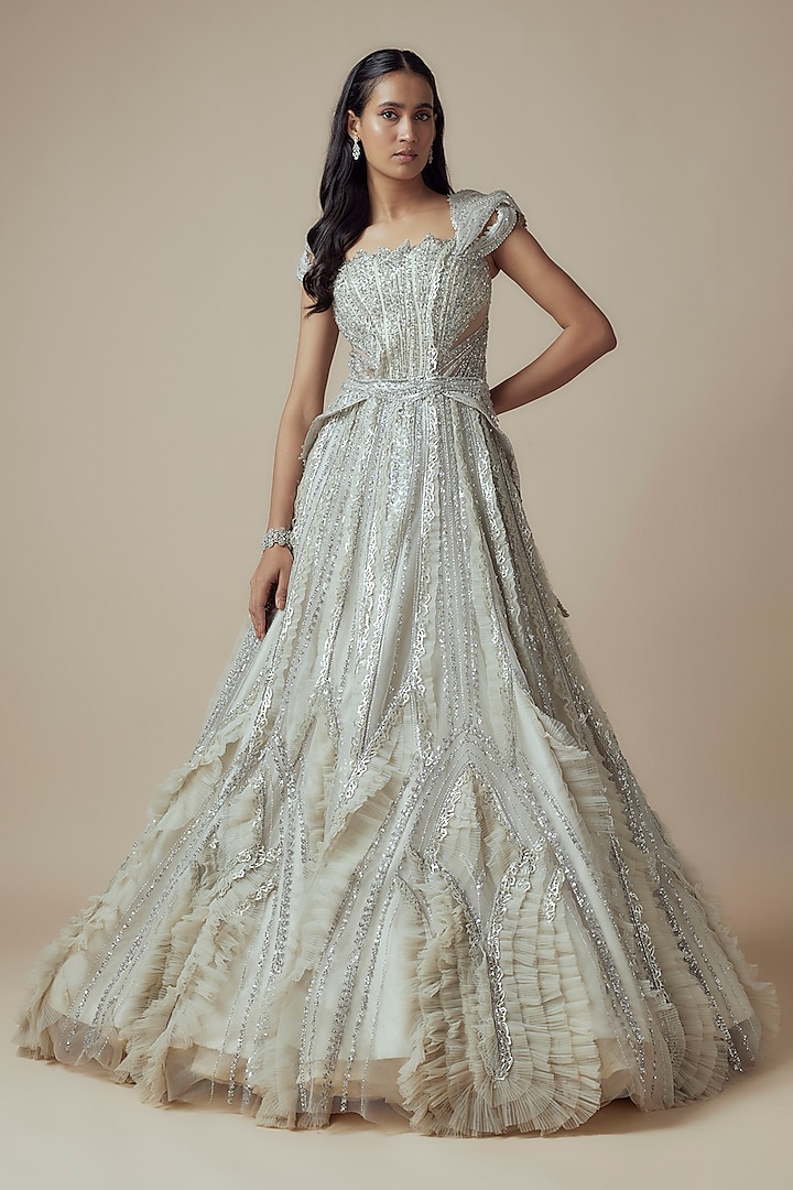 Ivory Net & Rexin Sequin Embellished A-Line Gown by Sulakshana Monga Couture