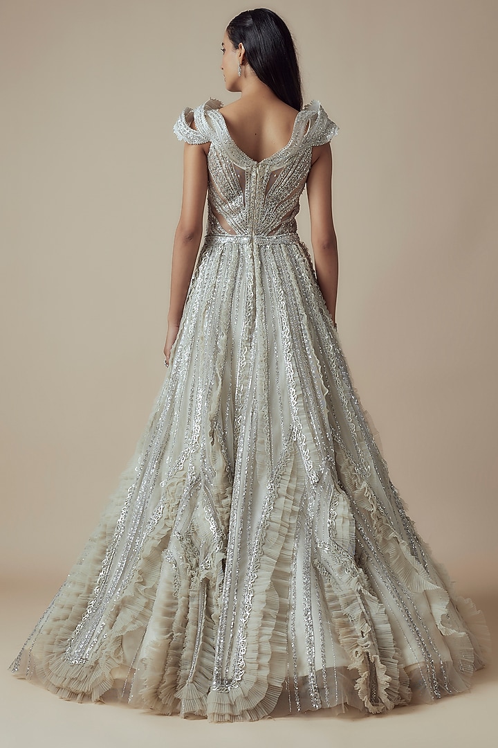 Ivory Net & Rexin Sequin Embellished A-Line Bridal Gown by Sulakshana Monga Couture at Pernia's Pop Up Shop