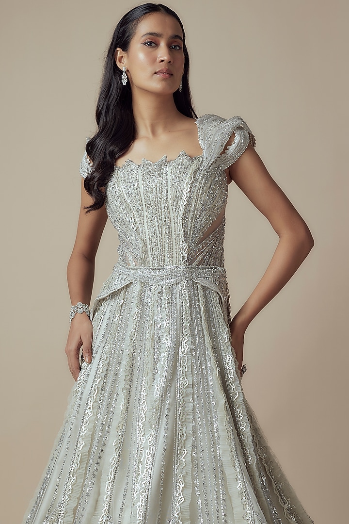 Ivory Net & Rexin Sequin Embellished A-Line Bridal Gown by Sulakshana Monga Couture at Pernia's Pop Up Shop