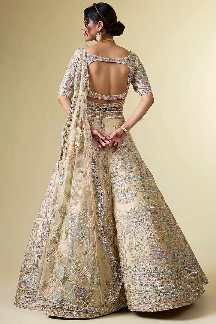 Gold Raw Silk Floral Hand & Machine Embroidered Bridal Lehenga Srt by Sulakshana Monga Couture at Pernia's Pop Up Shop
