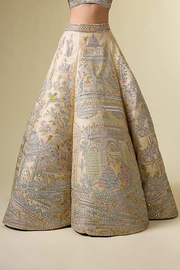 Gold Raw Silk Floral Hand & Machine Embroidered Bridal Lehenga Srt by Sulakshana Monga Couture at Pernia's Pop Up Shop