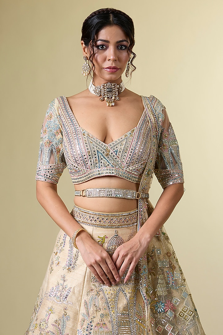 Gold Raw Silk Floral Hand & Machine Embroidered Bridal Lehenga Srt by Sulakshana Monga Couture at Pernia's Pop Up Shop