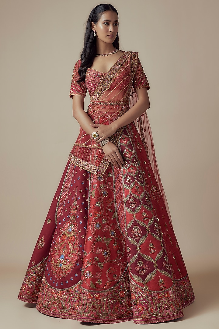 Red Raw Silk Thread Embellished Bridal Lehenga Set by Sulakshana Monga Couture at Pernia's Pop Up Shop