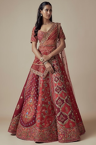 Red Raw Silk Thread Embellished Lehenga Set by Sulakshana Monga Couture