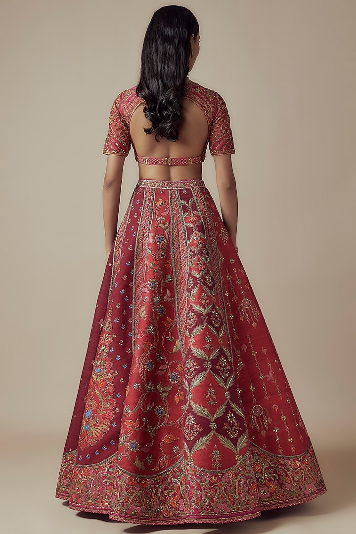 Red Raw Silk Thread Embellished Bridal Lehenga Set by Sulakshana Monga Couture at Pernia's Pop Up Shop