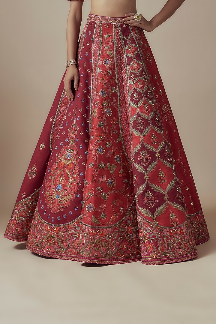 Red Raw Silk Thread Embellished Bridal Lehenga Set by Sulakshana Monga Couture at Pernia's Pop Up Shop