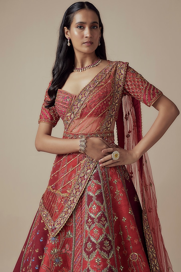Red Raw Silk Thread Embellished Bridal Lehenga Set by Sulakshana Monga Couture at Pernia's Pop Up Shop
