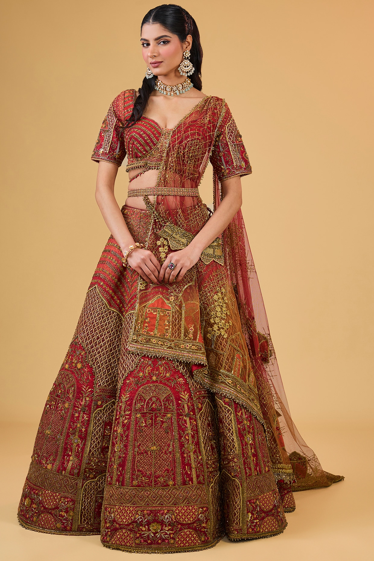 Sulakshana Monga Couture Red Raw Silk Zardosi Embroidered Lehenga Set
