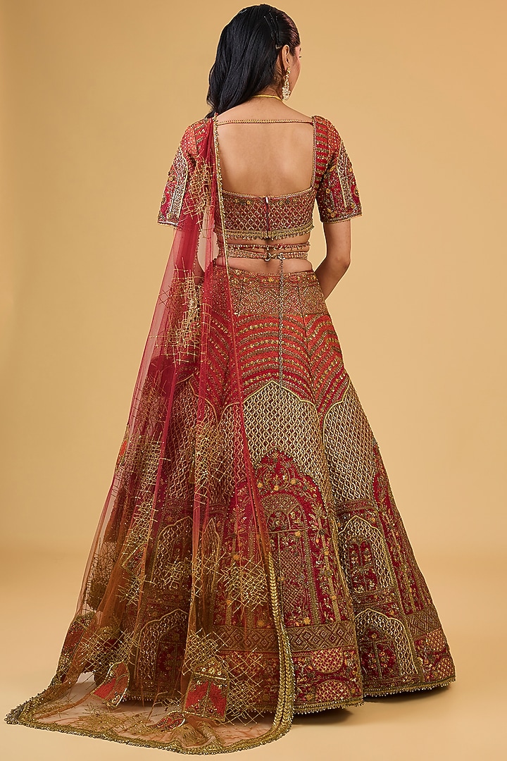 Red Raw Silk Zardosi Embroidered Bridal Lehenga Set by Sulakshana Monga Couture at Pernia's Pop Up Shop
