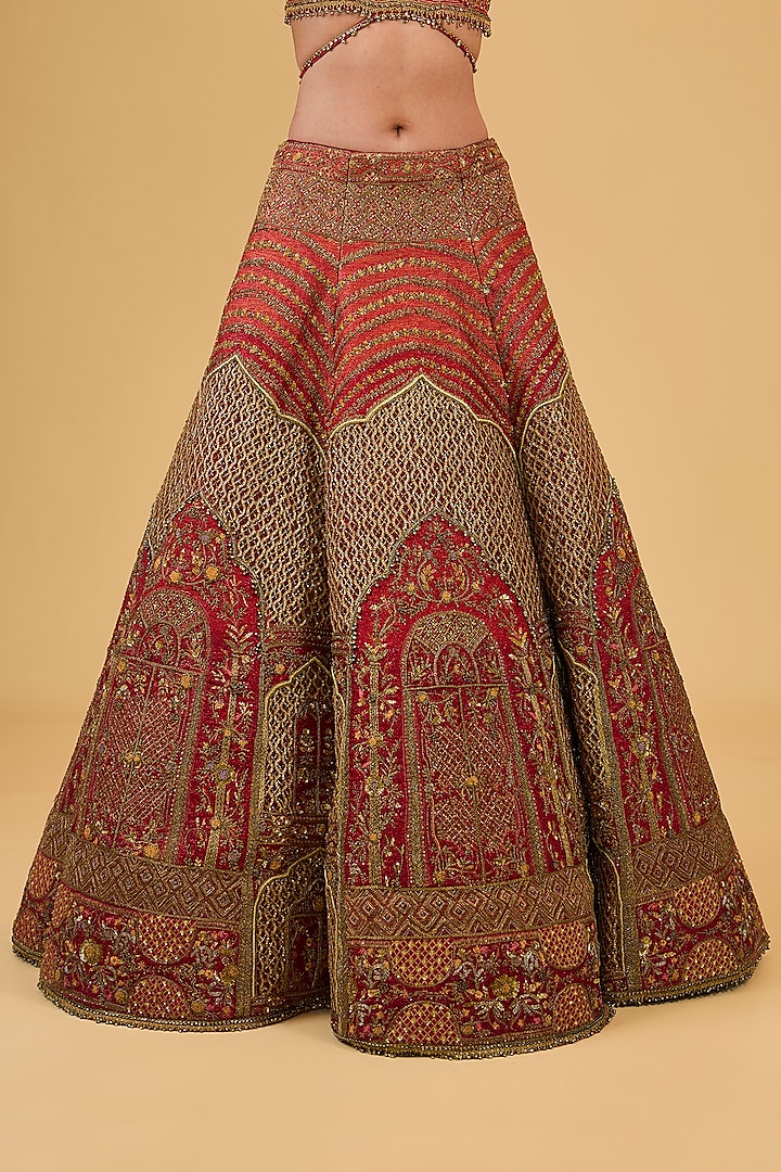 Red Raw Silk Zardosi Embroidered Bridal Lehenga Set by Sulakshana Monga Couture at Pernia's Pop Up Shop