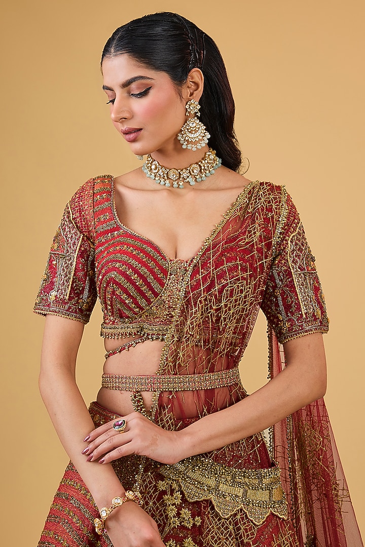 Red Raw Silk Zardosi Embroidered Bridal Lehenga Set by Sulakshana Monga Couture at Pernia's Pop Up Shop