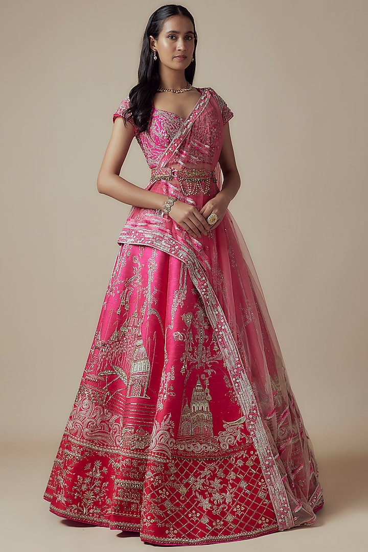 Pink Raw Silk Bridal Lehenga Set by Sulakshana Monga Couture at Pernia's Pop Up Shop