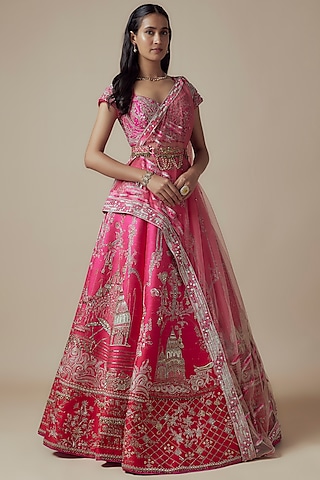 Pink Raw Silk Lehenga Set by Sulakshana Monga Couture