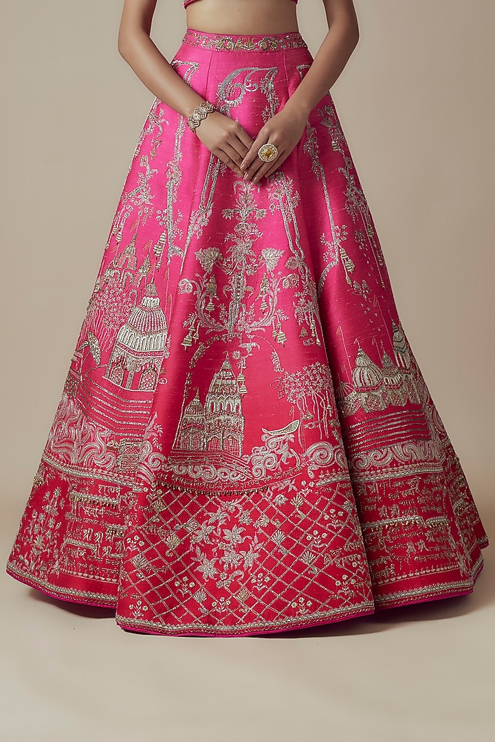 Pink Raw Silk Bridal Lehenga Set by Sulakshana Monga Couture at Pernia's Pop Up Shop