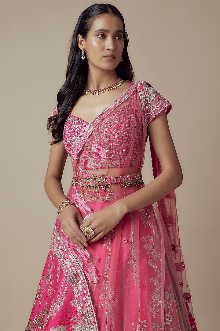 Pink Raw Silk Bridal Lehenga Set by Sulakshana Monga Couture at Pernia's Pop Up Shop