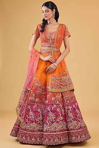 Multi-Colored Raw silk Dabka Embroidered Lehenga Set by Sulakshana Monga Couture