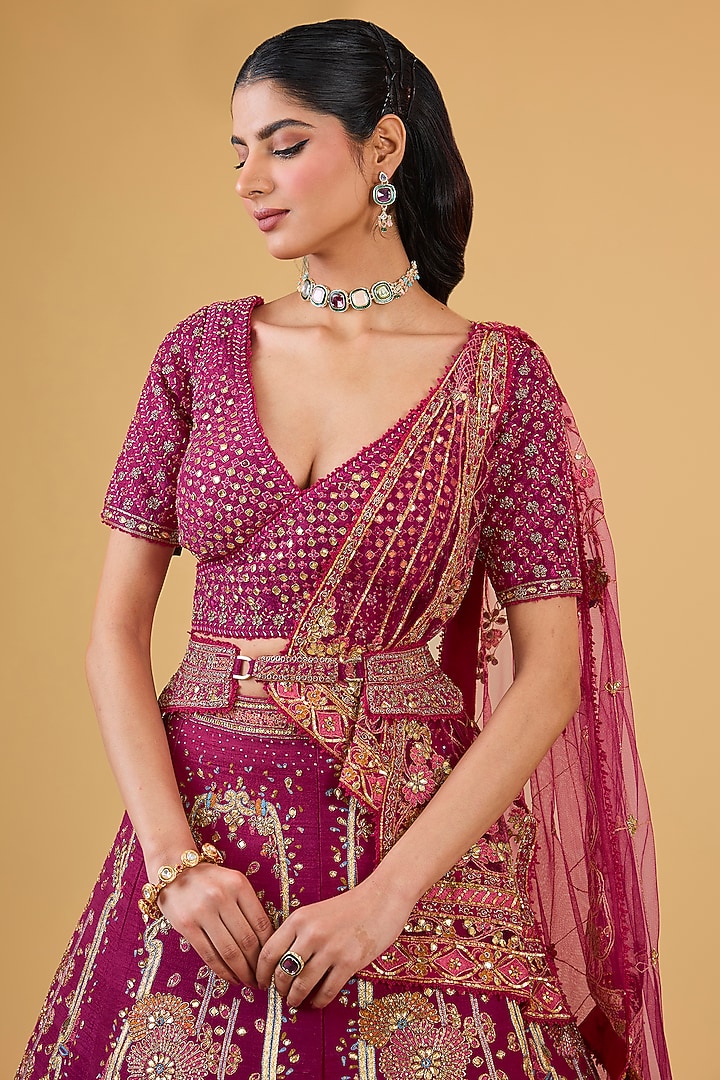 Pink Raw silk Hand & Machine Embroidered Bridal Lehenga Set by Sulakshana Monga Couture at Pernia's Pop Up Shop