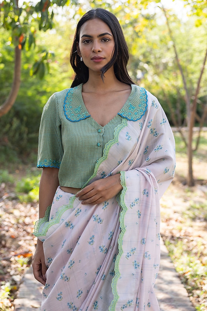 Pink Handwoven Organza Mulberry Silk Floral Hand Painted Party Wear Saree by Surmaye at Pernia's Pop Up Shop