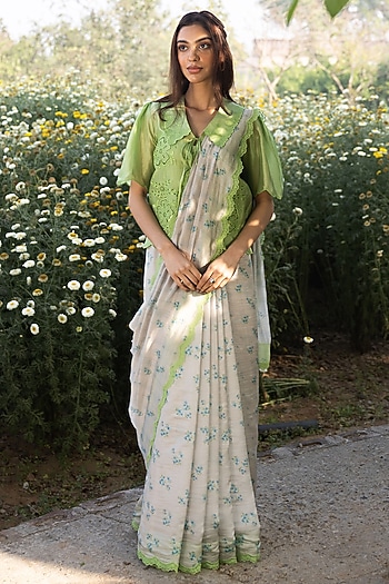 Beige Handwoven Organza Mulberry Silk Floral Hand Painted Party Wear Saree by Surmaye  at Pernia's Pop Up Shop