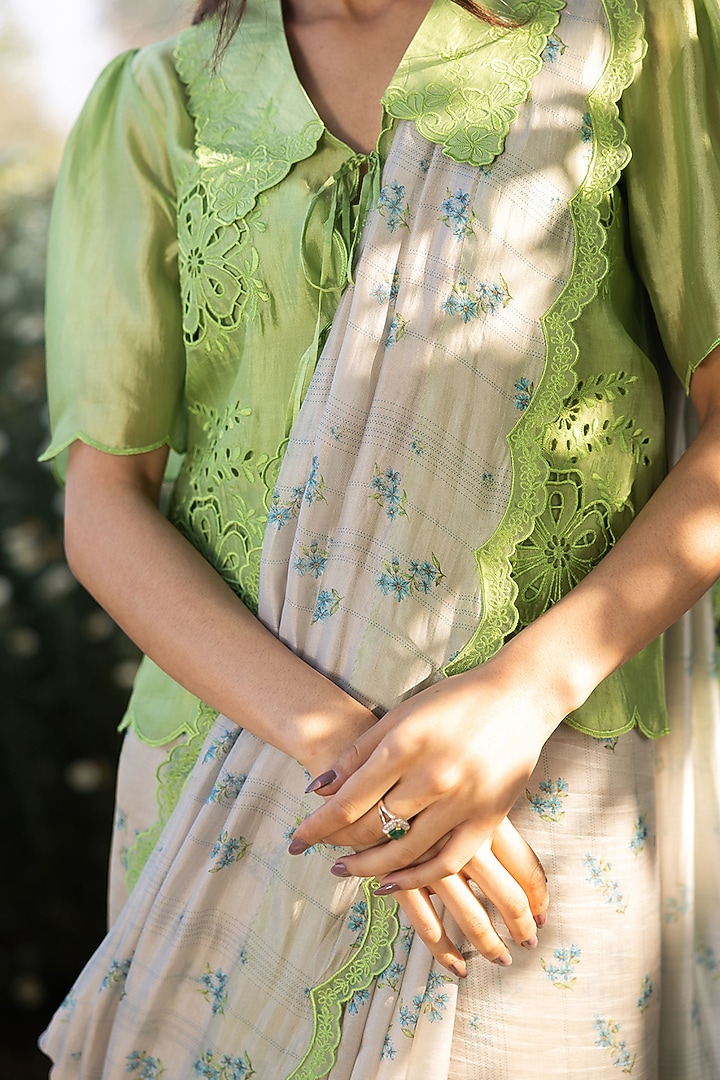 Beige Handwoven Organza Mulberry Silk Floral Hand Painted Party Wear Saree by Surmaye at Pernia's Pop Up Shop