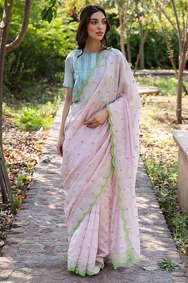 Pink Handwoven Organza Mulberry Silk Floral Hand Embroidered Wedding Saree by Surmaye at Pernia's Pop Up Shop