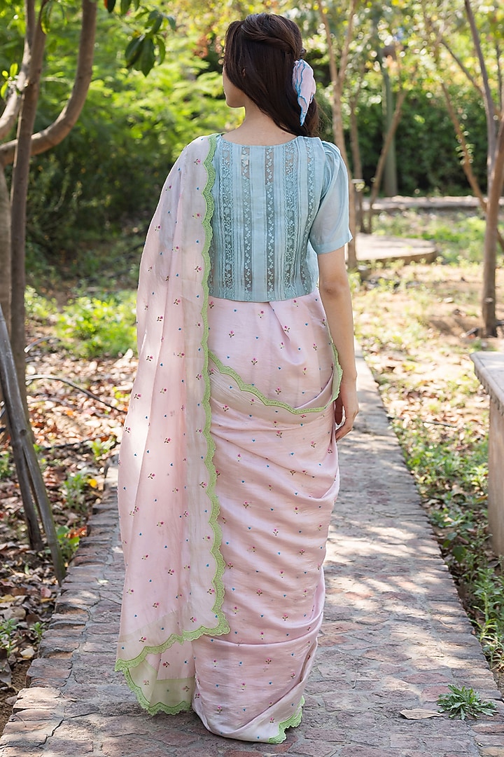 Pink Handwoven Organza Mulberry Silk Floral Hand Embroidered Wedding Saree by Surmaye at Pernia's Pop Up Shop