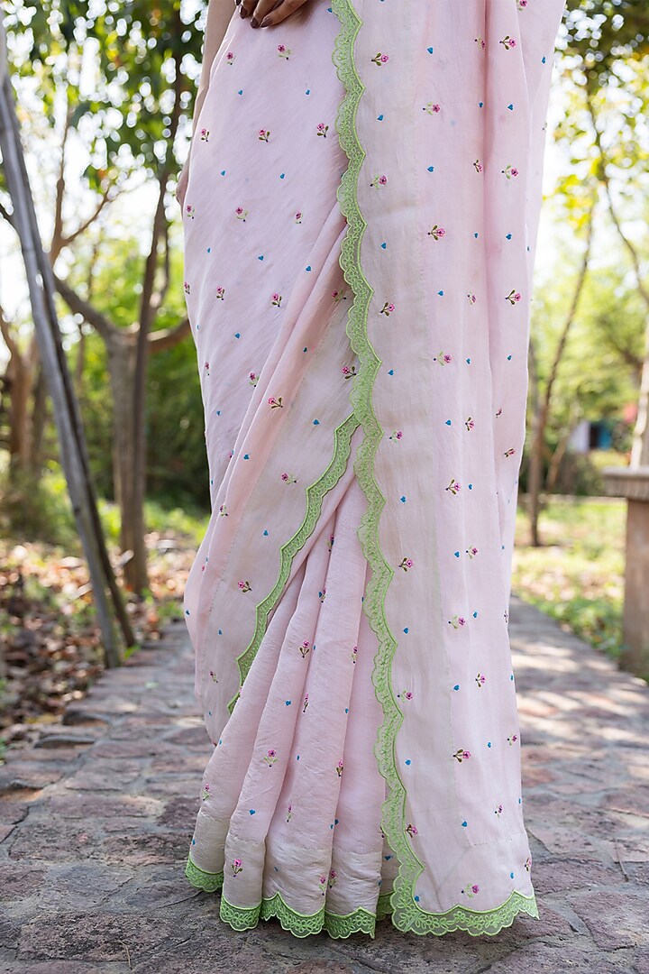 Pink Handwoven Organza Mulberry Silk Floral Hand Embroidered Wedding Saree by Surmaye at Pernia's Pop Up Shop