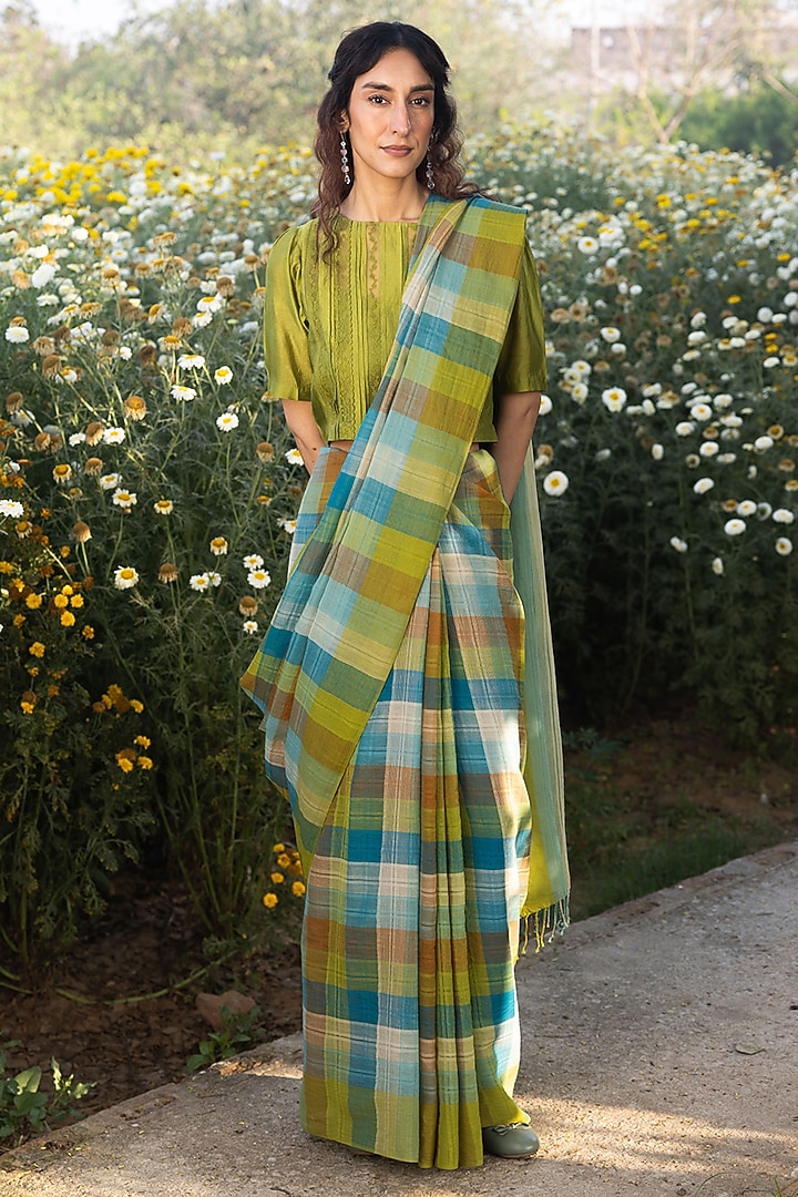 Multi-Colored Handwoven Fine Silk Khadi Checkered Festive Saree by Surmaye at Pernia's Pop Up Shop