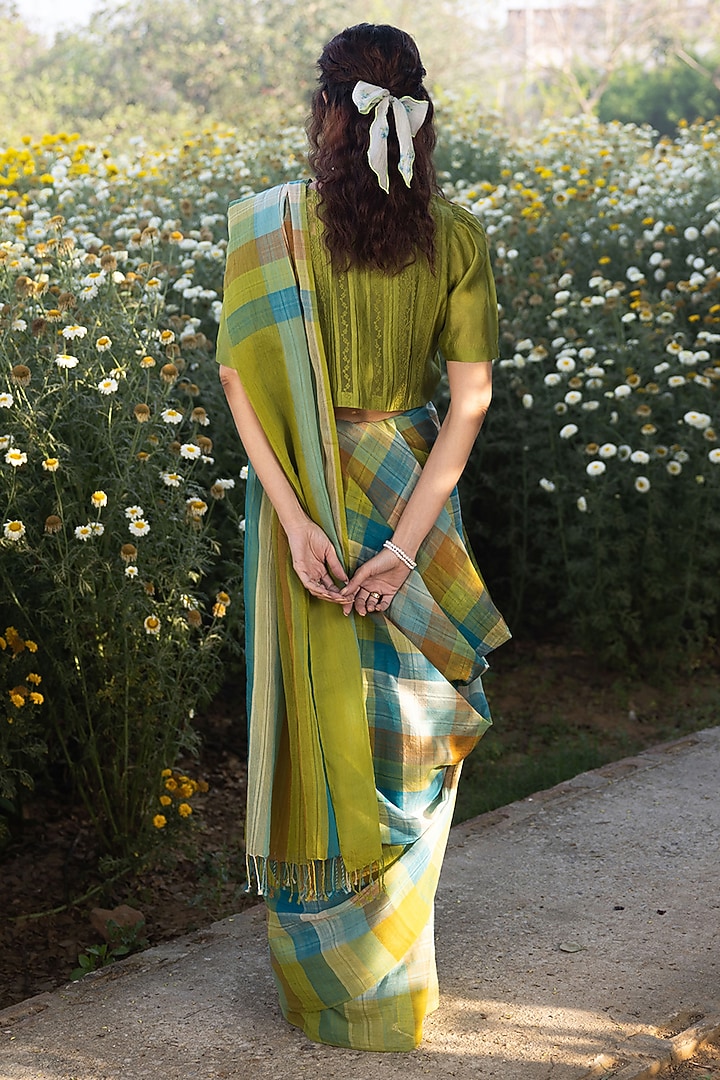 Multi-Colored Handwoven Fine Silk Khadi Checkered Festive Saree by Surmaye at Pernia's Pop Up Shop