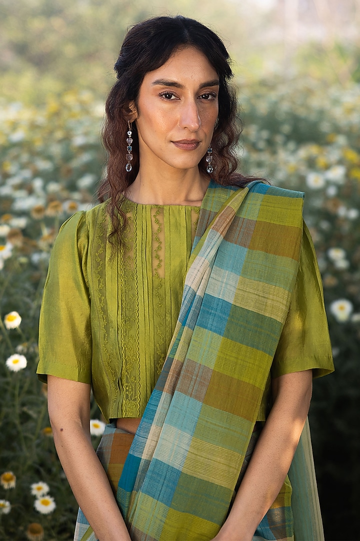 Multi-Colored Handwoven Fine Silk Khadi Checkered Festive Saree by Surmaye at Pernia's Pop Up Shop