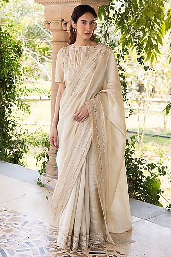 Beige Handwoven Organza Mulberry Silk Embroidered Wedding Saree by Surmaye  at Pernia's Pop Up Shop