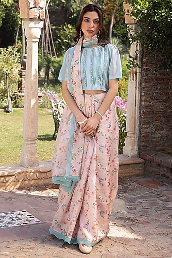 Pink Handwoven Organza Mulberry Silk Floral Hand Painted Party Wear Saree by Surmaye  at Pernia's Pop Up Shop