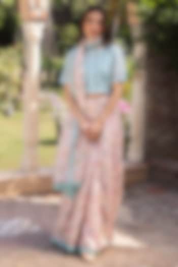 Pink Handwoven Organza Mulberry Silk Floral Hand Painted Party Wear Saree by Surmaye at Pernia's Pop Up Shop