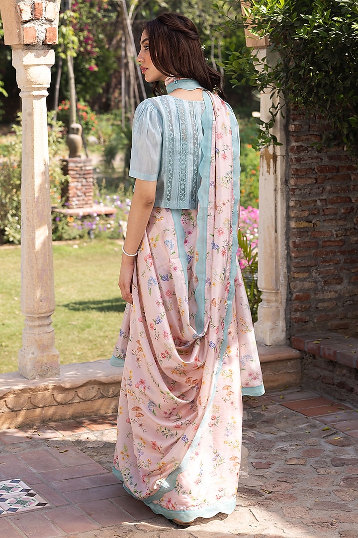 Pink Handwoven Organza Mulberry Silk Floral Hand Painted Party Wear Saree by Surmaye  at Pernia's Pop Up Shop