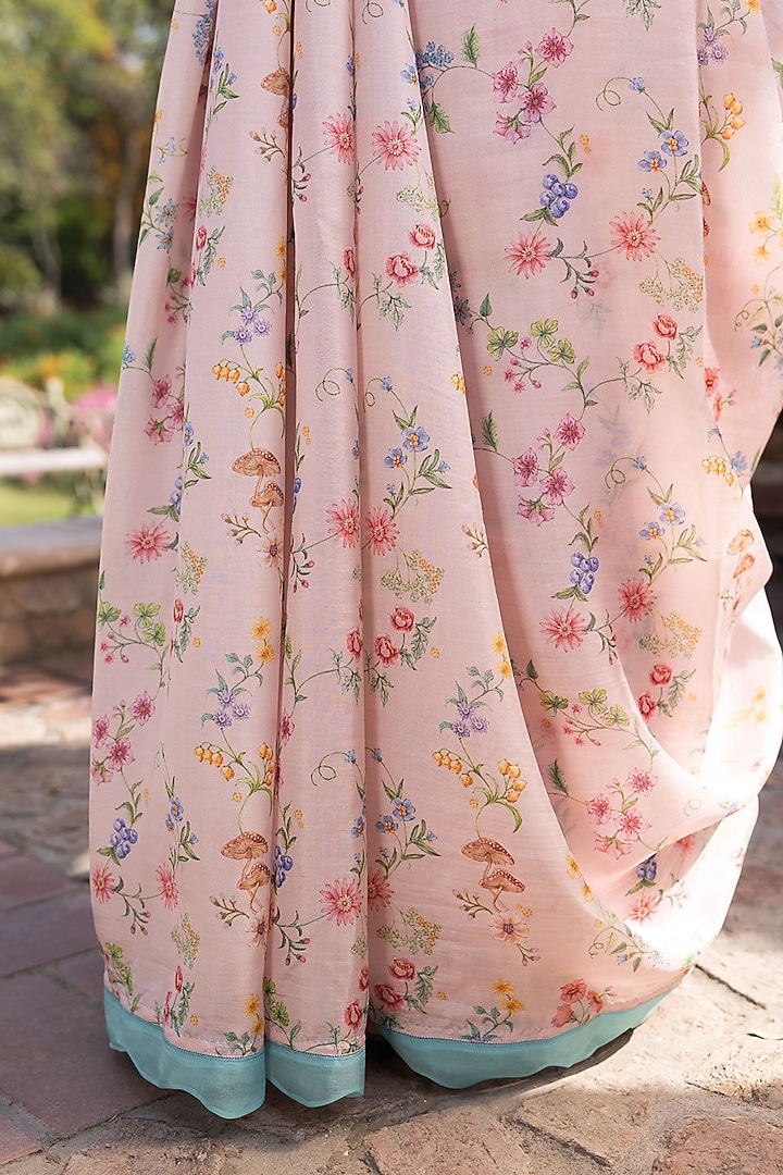 Pink Handwoven Organza Mulberry Silk Floral Hand Painted Party Wear Saree by Surmaye  at Pernia's Pop Up Shop