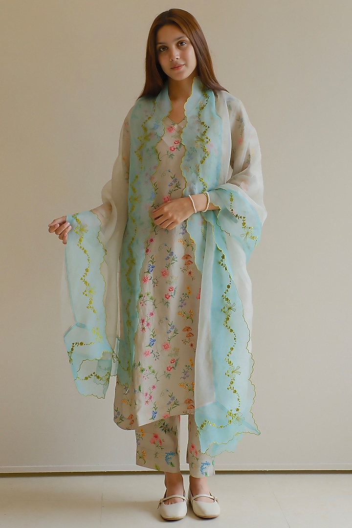Beige Handspun Malda Silk Hand Painted Kurta Set by Surmaye at Pernia's Pop Up Shop