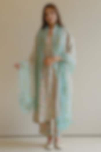 Beige & Blue Handwoven Organza Silk Floral Embroidered Dupatta by Surmaye at Pernia's Pop Up Shop