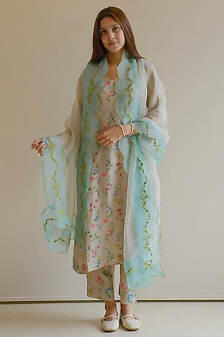 Beige & Blue Handwoven Organza Silk Floral Embroidered Dupatta by Surmaye