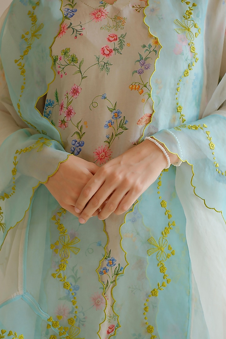 Beige & Blue Handwoven Organza Silk Floral Embroidered Dupatta by Surmaye at Pernia's Pop Up Shop