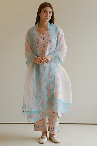Pink & Blue Handwoven Organza Silk Floral Embroidered Dupatta by Surmaye